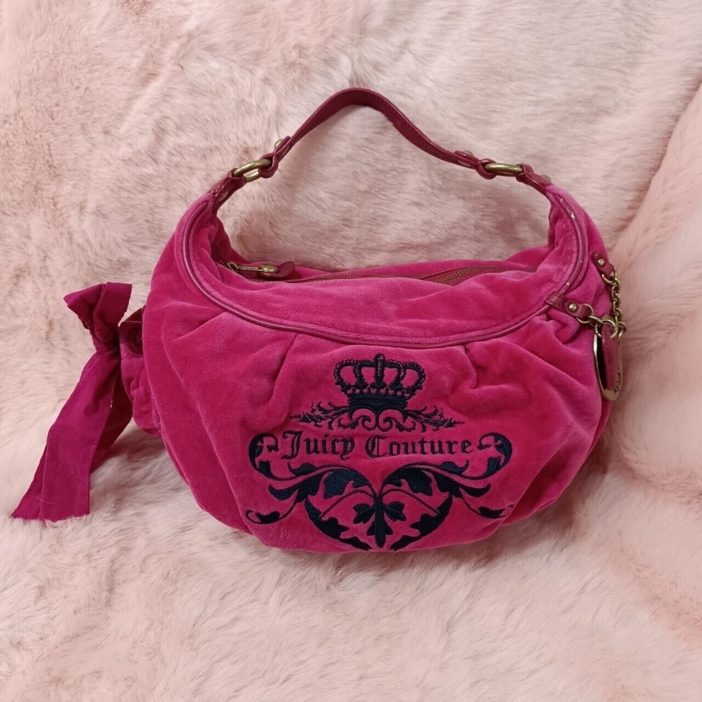 Juicy Couture Vintage Spell Out Logo Velour Hobo Bag Purse Charm Bow Ribbon Y2k